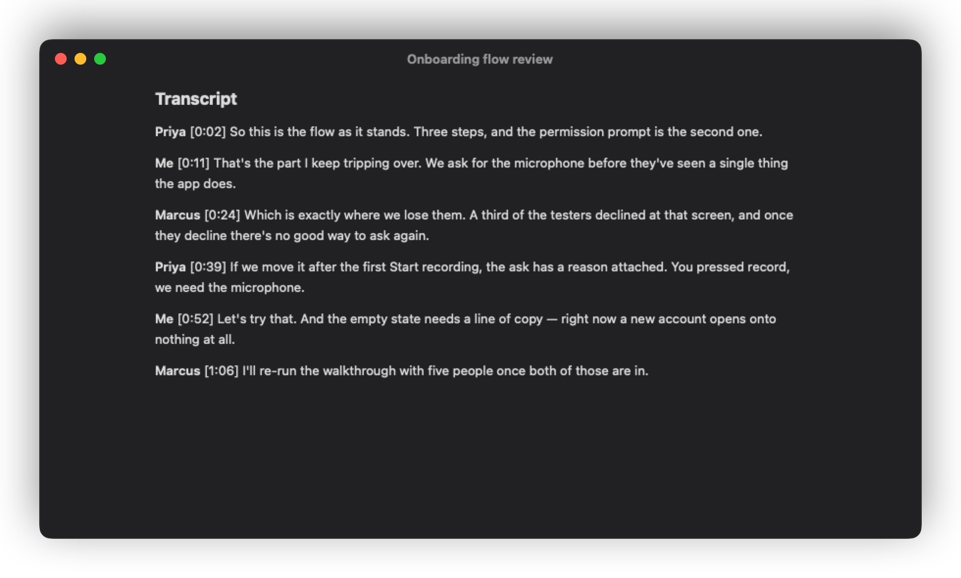 A live transcript with separate speakers, using a sample meeting