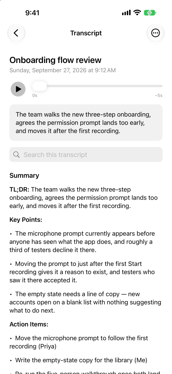 The same meeting on iPhone, with its summary and action items
