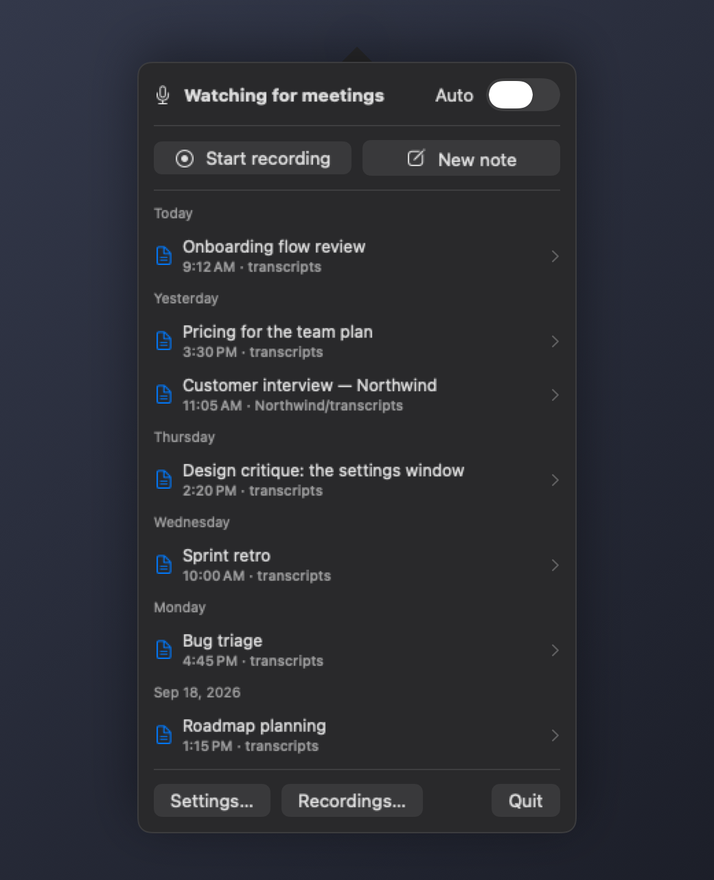The Transcripts menu bar menu, ready to record