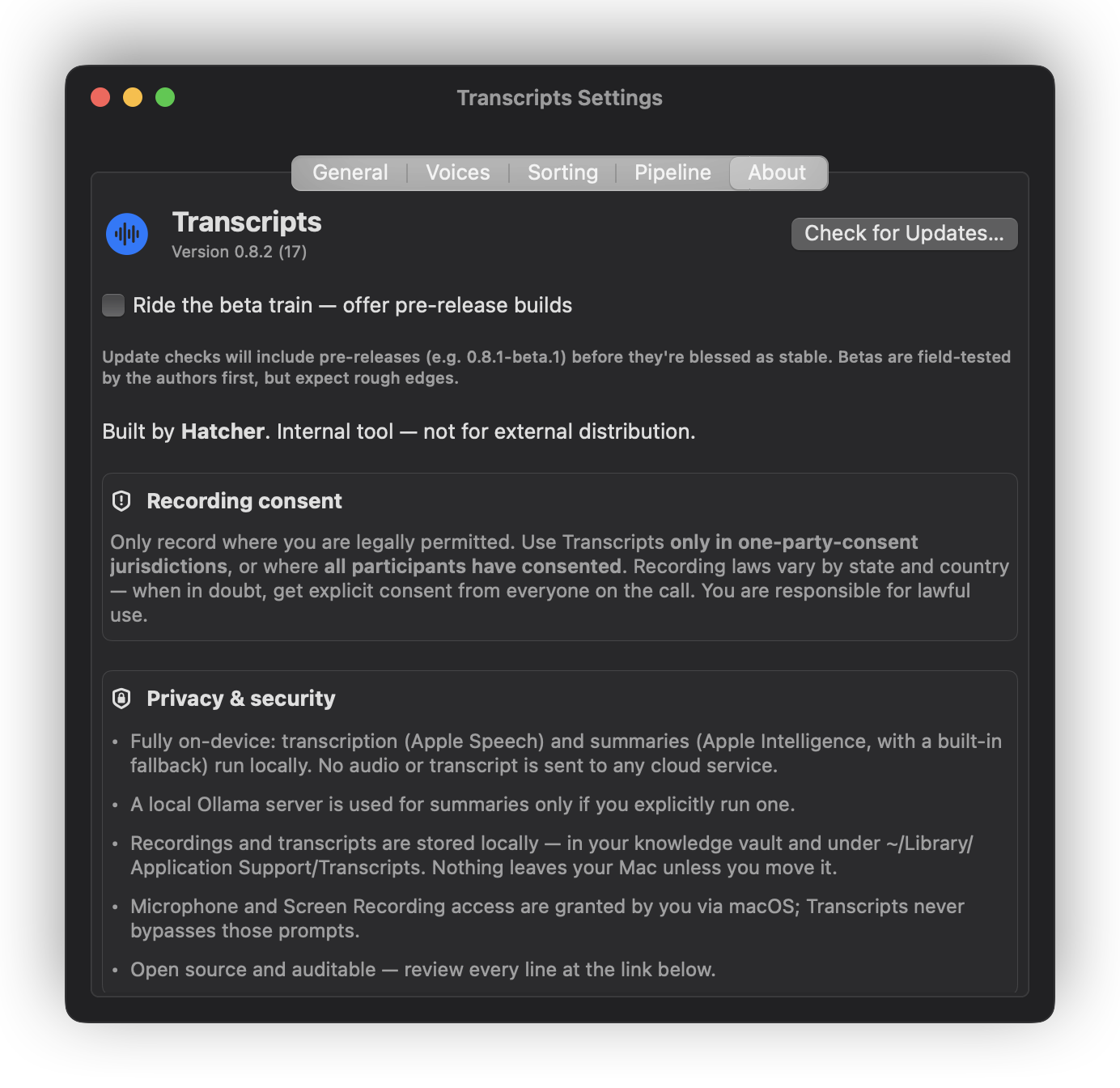 The About settings pane