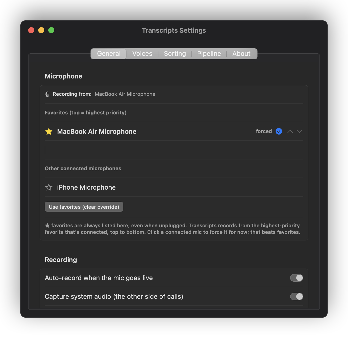 The General settings pane