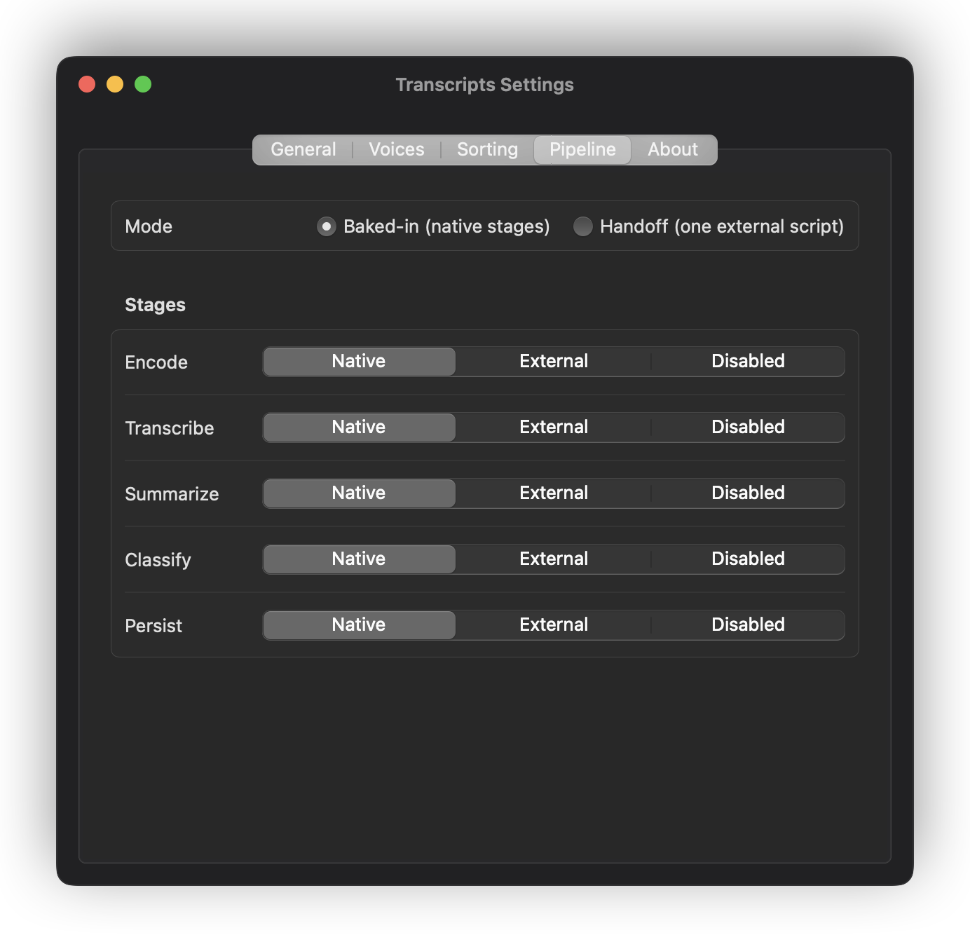 The Pipeline settings pane