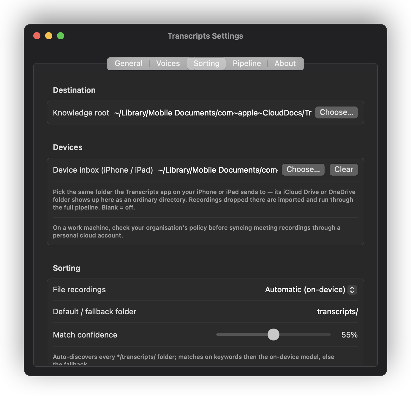 The Sorting settings pane